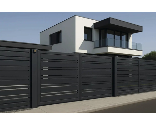Casă modernă cu poartă glisantă și gard din lamele de aluminiu
