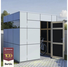 Șopron modern pentru scule cu ușa deschisă și bicicletă în interior