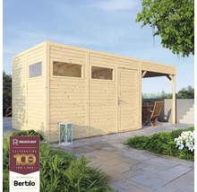 Casă de grădină din lemn cu ferestre și terasă acoperită cu mobilier de grădină