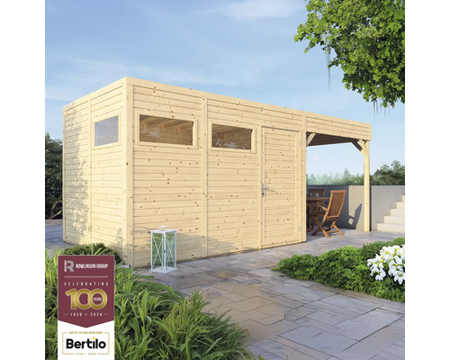 Casă de grădină din lemn cu ferestre și terasă acoperită cu mobilier de grădină