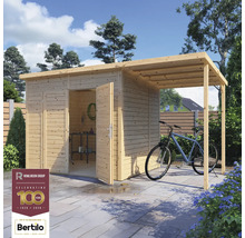 Cabină de grădină din lemn cu uși deschise și loc de parcare acoperit pentru o bicicletă