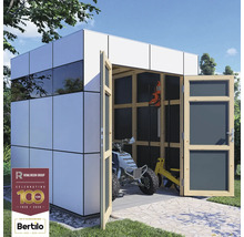 Magazie modernă cu uși din lemn deschise, interior cu un quad și unelte de grădină, Logo Rowlinson Group