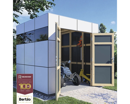 Magazie modernă cu uși din lemn deschise, interior cu un quad și unelte de grădină, Logo Rowlinson Group