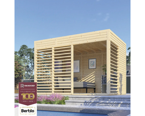 Pavilion-foișor lemn Bertilo Unico 2 cu podea 337x234 cm, natur Foișor de grădină din lemn cu pereți cu lamele și mobilier interior