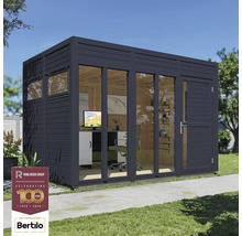 Birou modern de grădină din lemn cu ferestre mari și mobilier de birou