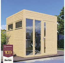 Birou de grădină din lemn cu ferestre și ușă, plus logo-ul Rowlinson Group și logo-ul Bertilo.