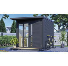 Cabină de grădină modernă cu fereastră, ușă și bicicletă lateral