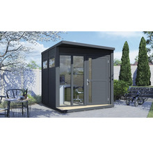 Cabină modernă de grădină cu mobilier de birou și uși de sticlă