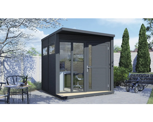 Cabină modernă de grădină cu mobilier de birou și uși de sticlă