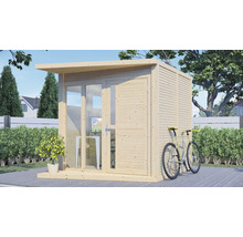 Cabină de grădină din lemn cu bicicletă în grădină