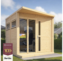 Cabină de grădină din lemn cu ferestre și ușă în grădină