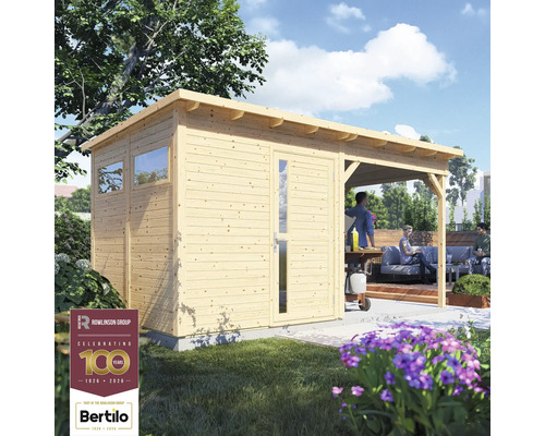 Casă de grădină din lemn cu verandă și logo Rowlinson Group