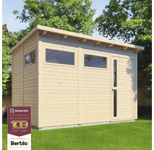 Cabină de grădină din lemn cu ferestre și o ușă