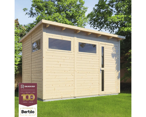 Cabină de grădină din lemn cu ferestre și o ușă