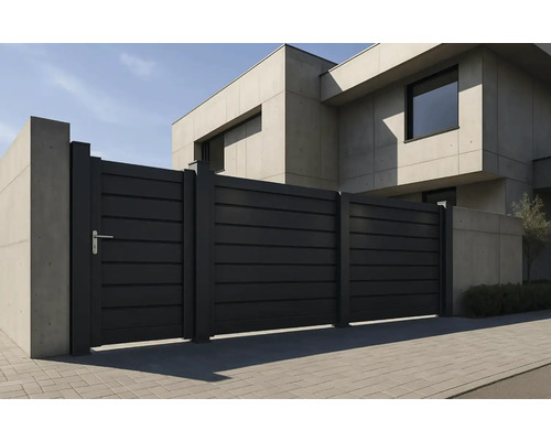 Poartă din aluminiu negru în fața unei case