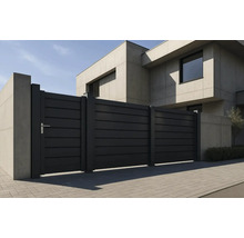 Poartă din aluminiu negru în fața unei case