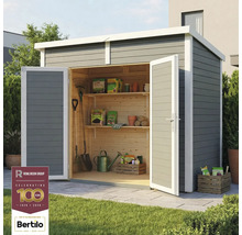 Șopron de grădină cu uși deschise, rafturi și unelte de grădinărit