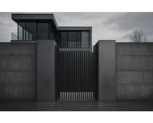 Gard modern din metal cu stâlpi de beton în fața unei case