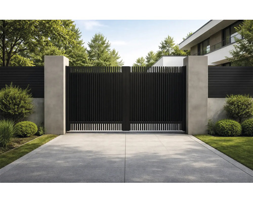 Alee modernă cu poartă dublă metalică și gard