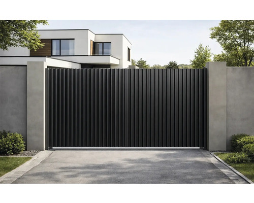 Alee modernă cu poartă glisantă și elemente de beton