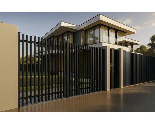 Casă modernă cu gard metalic negru și poartă