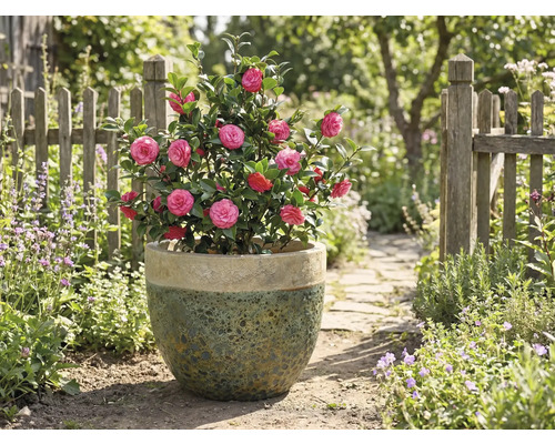 Camelie cu flori roz într-un ghiveci în grădină