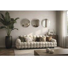 Living cu canapea, perne, oglinzi rotunde și plantă de apartament