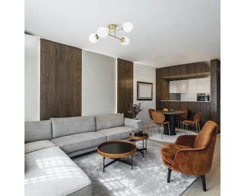 Living cu canapea, fotoliu, măsuță de cafea și plafonieră