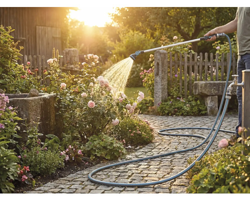 O persoană udă trandafiri cu un furtun de grădină pe un drum pavat.