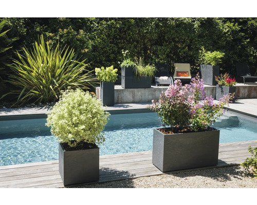 Scenă cu jardiniere dreptunghiulare la piscină și în grădină.