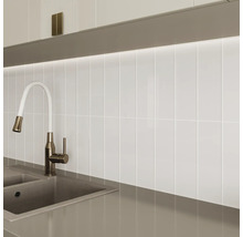 Chiuvetă de bucătărie cu robinet în fața faianței albe