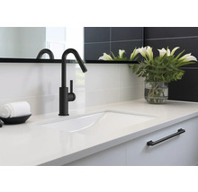 Chiuvetă cu robinet negru, blat alb și decor în baie