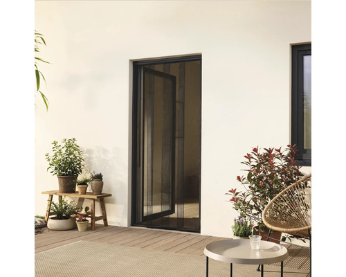 Vedere exterioară a unei uși de insecte deschise într-o zonă de living