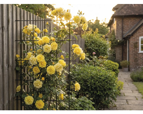 Trandafiri cățărători galbeni pe un grătar metalic în grădină