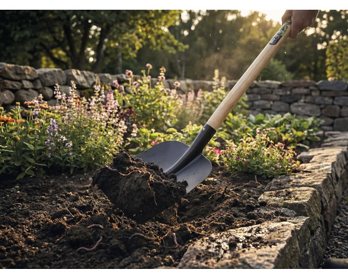 O lopată ridică pământul într-o grădină.