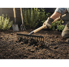 Grădinarul greblează pământul cu o greblă, o lopată și o furcă fiind vizibile în fundal.