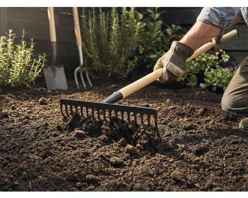 Grădinarul greblează pământul cu o greblă, o lopată și o furcă fiind vizibile în fundal.