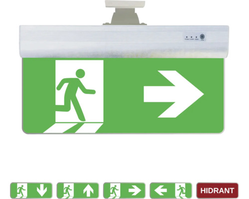 Indicator luminos de urgență cu pictogramă pentru ieșire de urgență spre dreapta