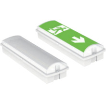 Două lumini de urgență cu simbol de ieșire de urgență și săgeată