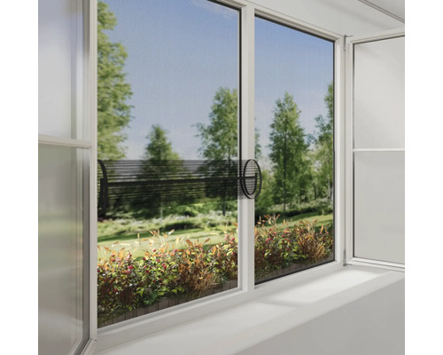 Fereastră cu plasă de insecte și vedere spre verdeață
