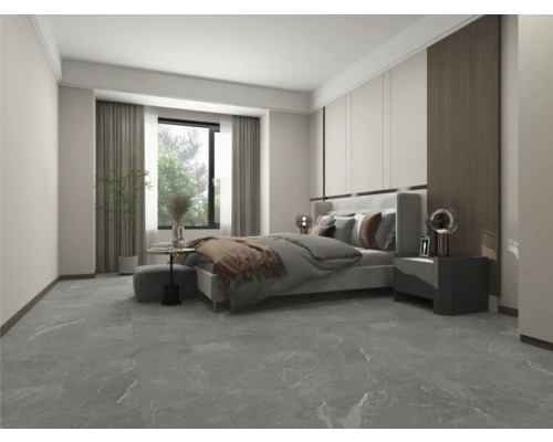 Dormitor luminos cu pat, noptieră și podea de piatră gri