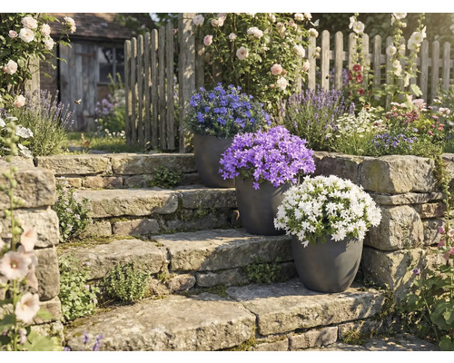 Amenajare grădină cu trepte de piatră și plante în ghivece cu flori