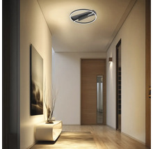 Plafonieră LED modernă cu design în formă de inel într-un hol luminos și minimalist, cu pardoseală din lemn și un tablou.