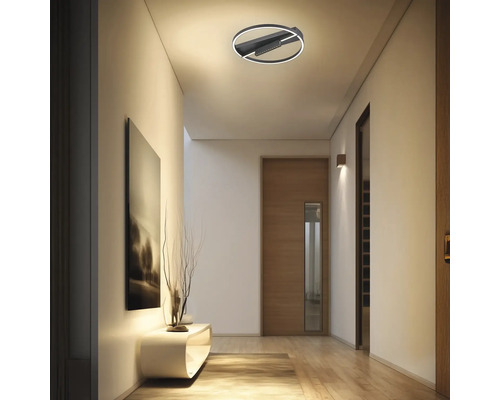 Plafonieră LED modernă cu design în formă de inel într-un hol luminos și minimalist, cu pardoseală din lemn și un tablou.