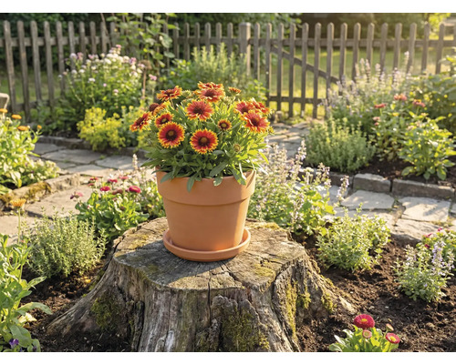 Ghiveci din teracotă cu gălbenele pe un ciot de copac într-o grădină.