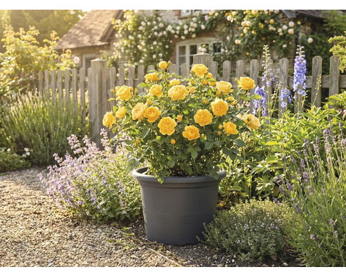 Trandafir galben în ghiveci în grădină