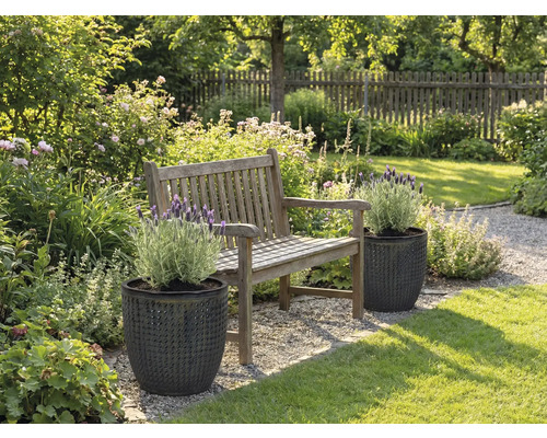 Peisaj de grădină cu bancă de lemn și plante în jardiniere texturate