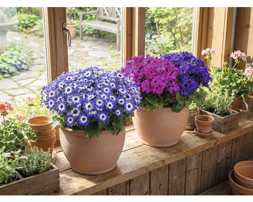 Cameră cu cinerarii înflorite în ghivece de teracotă