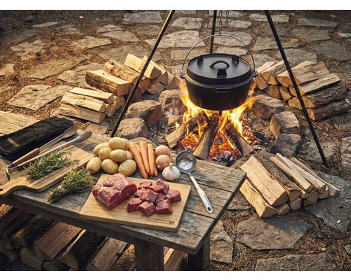 Scenă cu o oală olandeză deasupra unui foc deschis, înconjurată de lemne de foc, cu ingrediente precum carne, cartofi și legume pe o masă de lemn