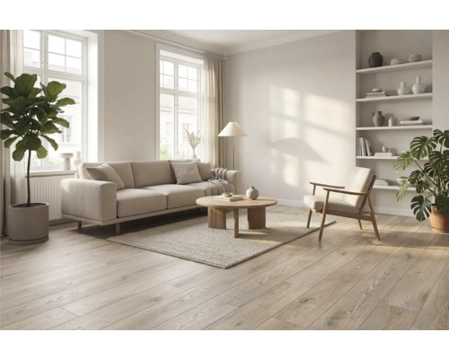 Cameră de zi luminoasă cu canapea, fotoliu, masă din lemn și podea din lemn.